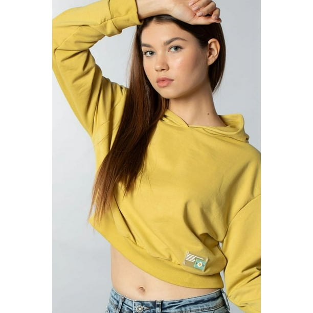 Poleron Crop Mujer Amarillo Con Capucha Talla L
