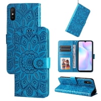 Funda Tipo Cartera Foxdock Para Xiaomi Redmi 9A , Diseño Girasol En Relieve, Cuero Pu, Cierre Magnético, Soporte Y Tarjetero