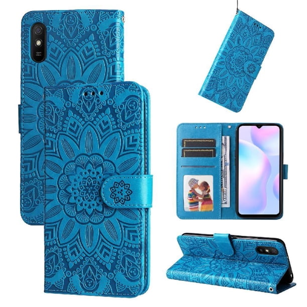 Funda tipo cartera FOXDOCK para Xiaomi Redmi 9A , diseño girasol en relieve, cuero PU, cierre magnético, soporte y tarjetero