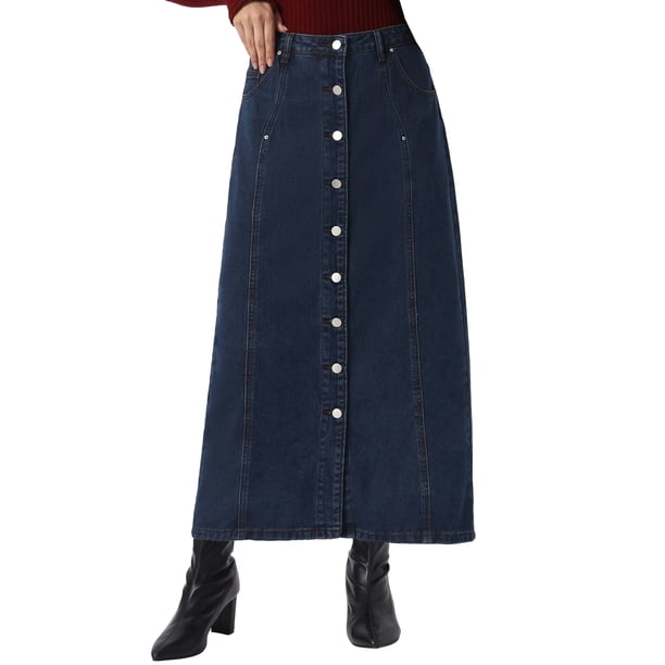 INSPIRE CHIC Falda de Mezclilla para Mujer de Largo Medio con Botones en Línea H Falda Larga de Jean XS Azul Oscuro