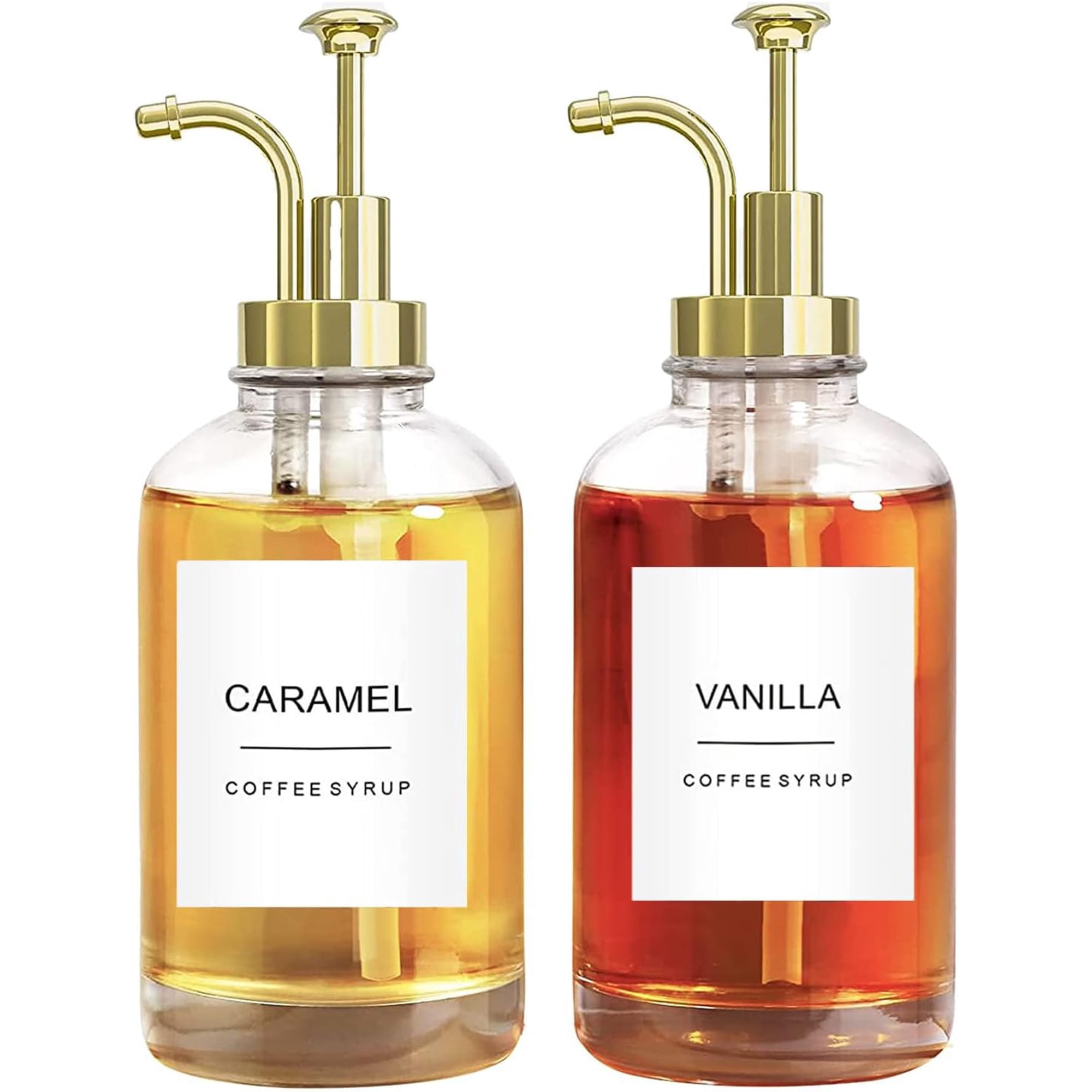 Xinqihang - Juego De 2 Dispensadores De Jarabe, Botellas De Vidrio De 500 Ml Con Elegantes Bombas Y Varias Etiquetas Para Jarabe, Ideal Para Organizar Tu Cocina, Café O Estación De Café.