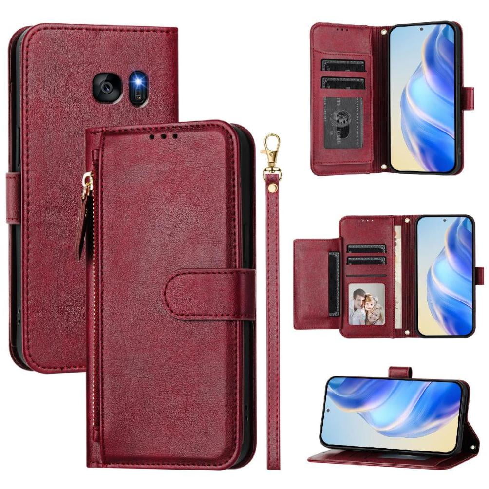 Foxdock - Funda Tipo Billetera Para Samsung Galaxy S7 Con Cremallera Portatarjetas Soporte Correa De Muñeca Cuero Rojo