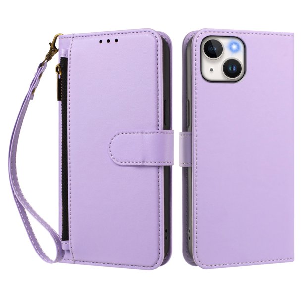 Funda Tipo Billetera para iphone15 con Soporte y Bolsillo con Cierre Morado