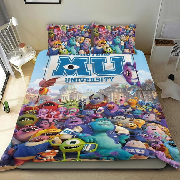 Monstruos University Conjunto de sábanas temático, trío de piezas, cómodo y amigable con la piel, diseño único, regalo de decoración para el hogar para familiares, amigos y fans,135cm *200cm
