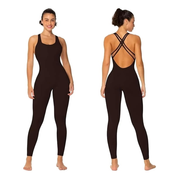 Mono Enterito Jumpsuit Deportivo Largo Mujer Espalda Cruzada marron S