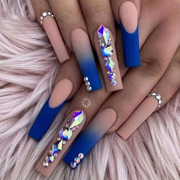 Luxury Long Press On Nails Coffin Fake Nails Purple Ballerina Flash Rhinestones Stick On Nails Full Cover Acrylic False Nails For Women