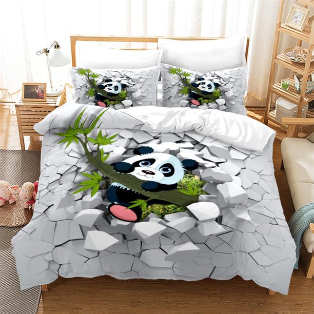 x96 Bed SheetsCartoon Panda Bedding set, Cute Panda Animal Duvet Covers Set withpillow case and Zipper for Kids Boys Girls 3-Piece Bedding Set (1 Duvet Cover + 2 Pillow Shams) nj96