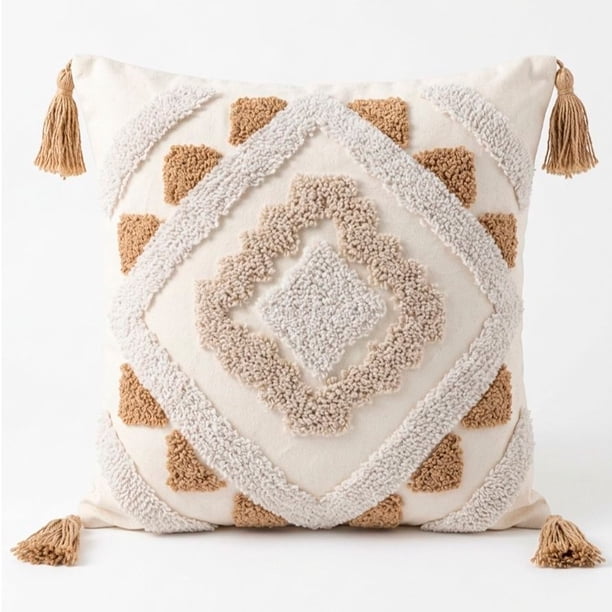 Funda de Cojín Boho Tejida con Borlas Funda Almohadon Sofa 45x45cm