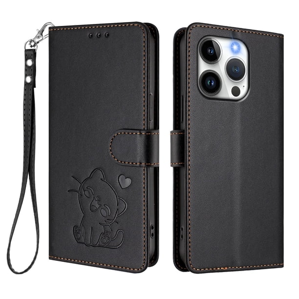 Funda Billetera con Relieve de Gato para iPhone 15 Pro, Negro