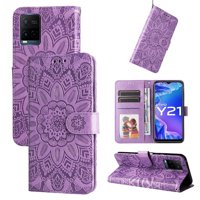 Funda Tipo Cartera Foxdock Para Vivo Y21S , Diseño Girasol En Relieve, Cuero Pu, Cierre Magnético, Soporte Y Tarjetero