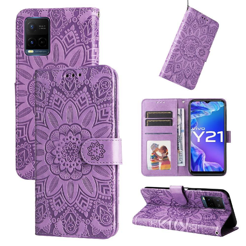 Funda Tipo Cartera Foxdock Para Vivo Y21S , Diseño Girasol En Relieve, Cuero Pu, Cierre Magnético, Soporte Y Tarjetero