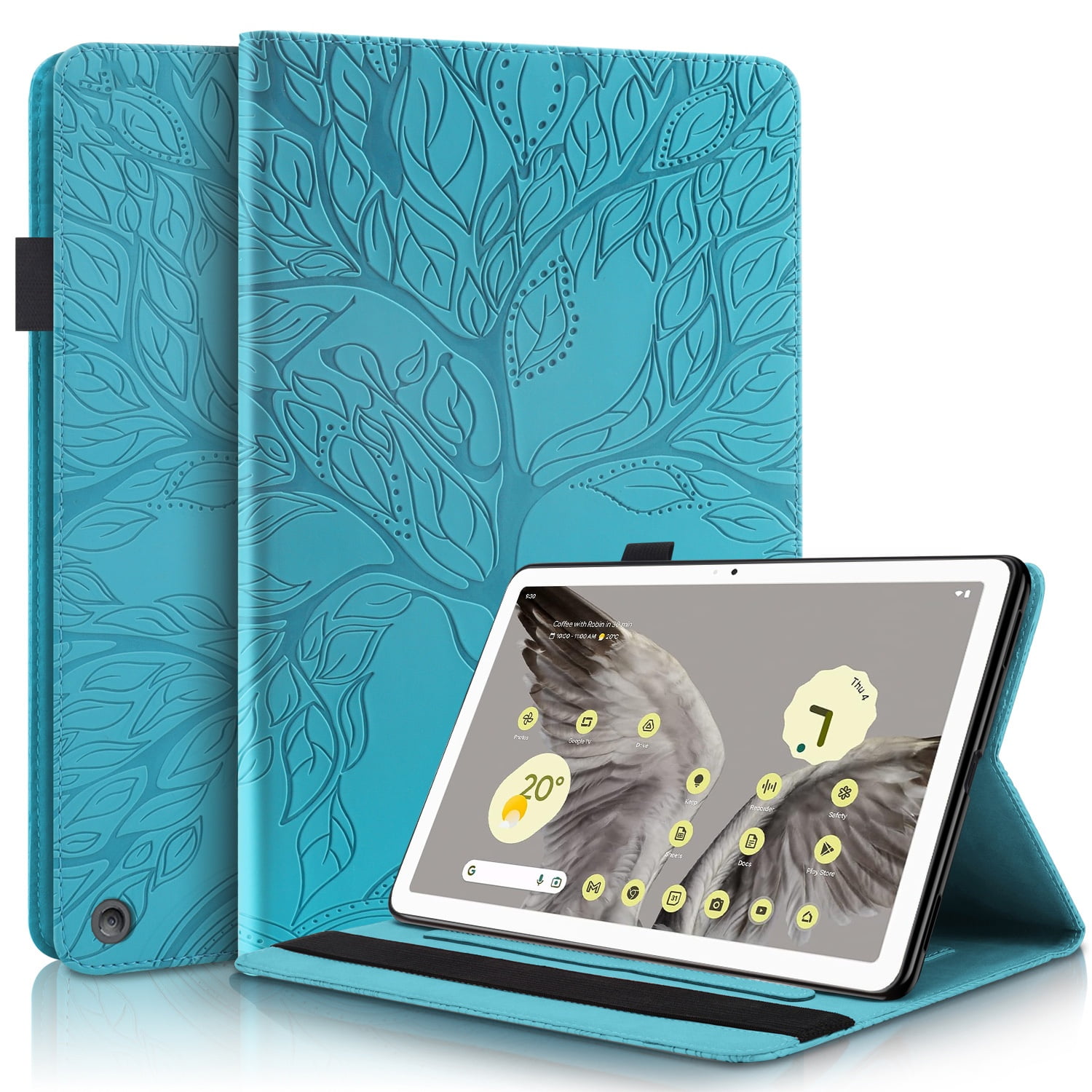 Foxdock - Funda Con Relieve Del Árbol De La Vida Para Tablet Google Pixel Tablet Con Soporte, Ranuras Para Tarjetas Y Soporte Para Lápiz Óptico. Azul