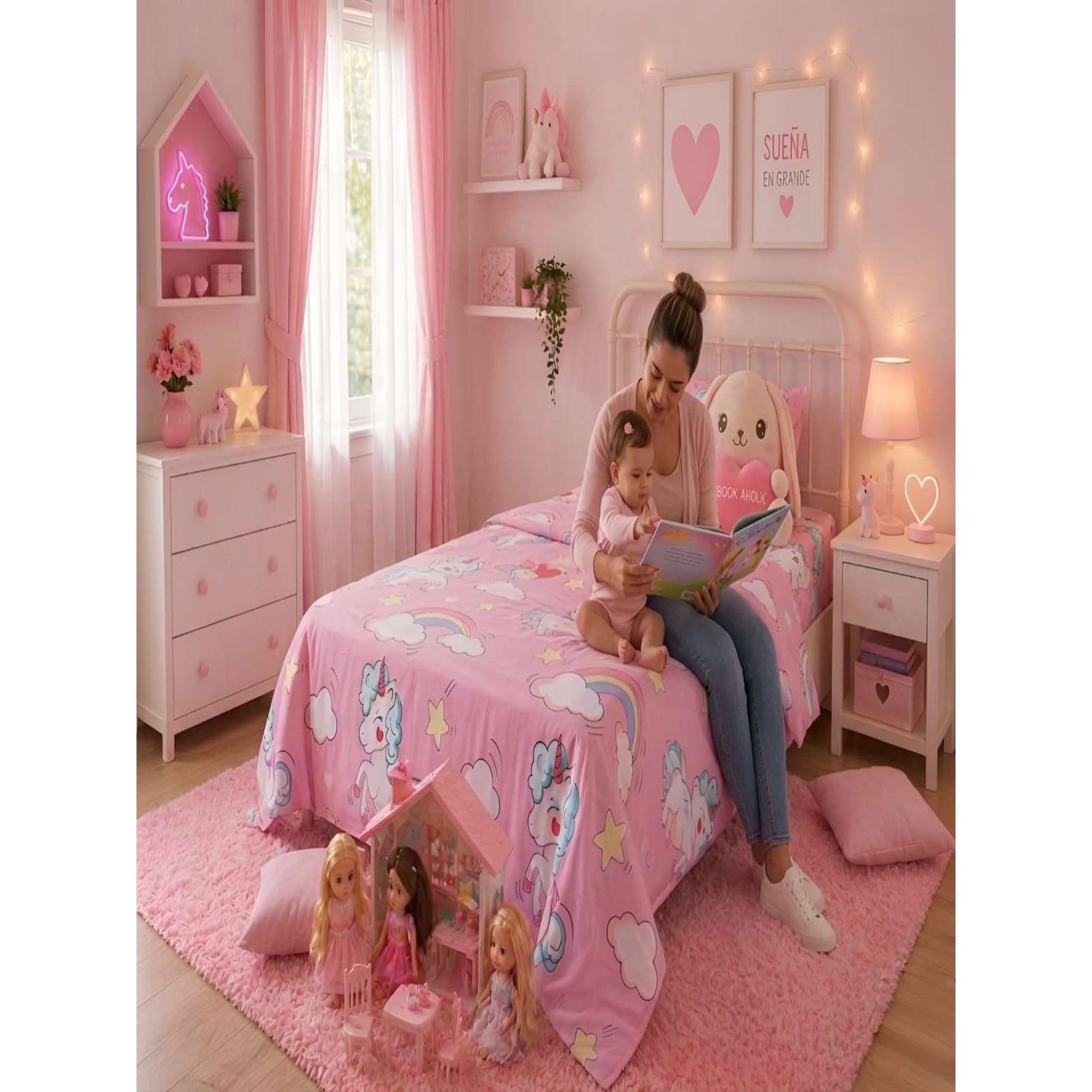 Todo Para El Hogar - Sábanas Infantiles 1 Plaza Diseño Unicornio Rosado Ultra Suave