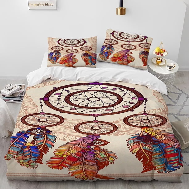Fashion DreamCatcher Feather Owl Comforter Bedding Set,Duvet Cover Bed Set Quilt Cover Pillowcase,King Queen Size Bedding Set Bed Sheets