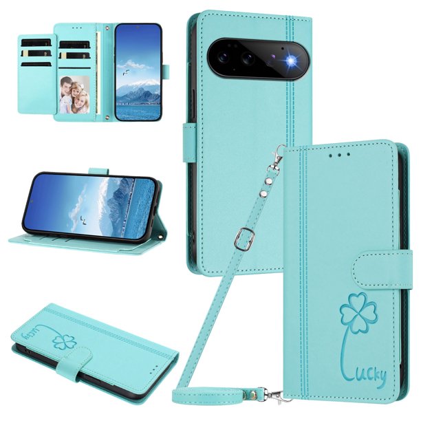 Funda Cartera Trébol para Google Pixel 11 Pro con Ranuras Tarjetas y Carga Inalámbrica Verde menta