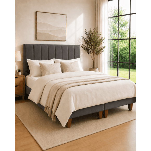 Cama 2 Plazas Completa Gris Grafito | Base Europea + Colchón Mery Desing 22CM + Respaldo Tapizado