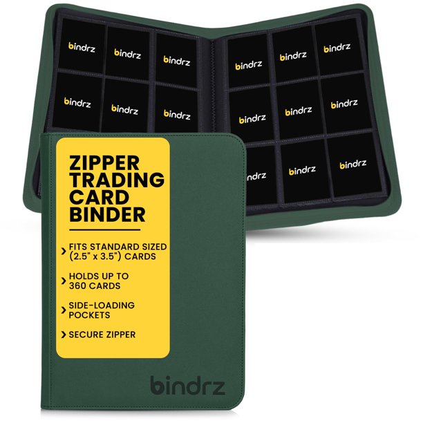 Carpeta bindrz para cartas con cremallera, 9 bolsillos, capacidad para 360 cartas, verde