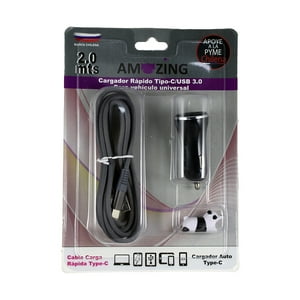 Amazing - Cargador Rápido Auto 1 Tipo Usb / 1 Tipo C + Cable Tipo C A Tipo C / 2 Metros