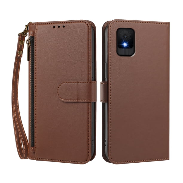 Funda Tipo Billetera para TCL 502 con Soporte y Bolsillo con Cierre Marrón