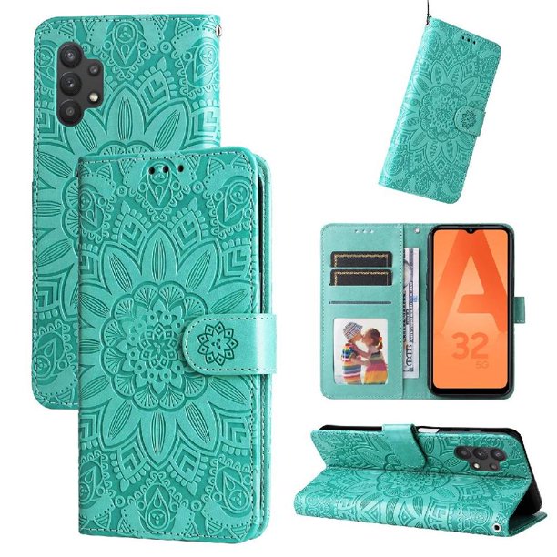 Funda tipo cartera FOXDOCK para Samsung Galaxy A32 5G , diseño girasol en relieve, cuero PU, cierre magnético, soporte y tarjetero