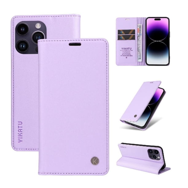 Funda Billetera de Cuero para iPhone 15 Pro Max con Tarjetero y Soporte - Tapa Magnética Morado