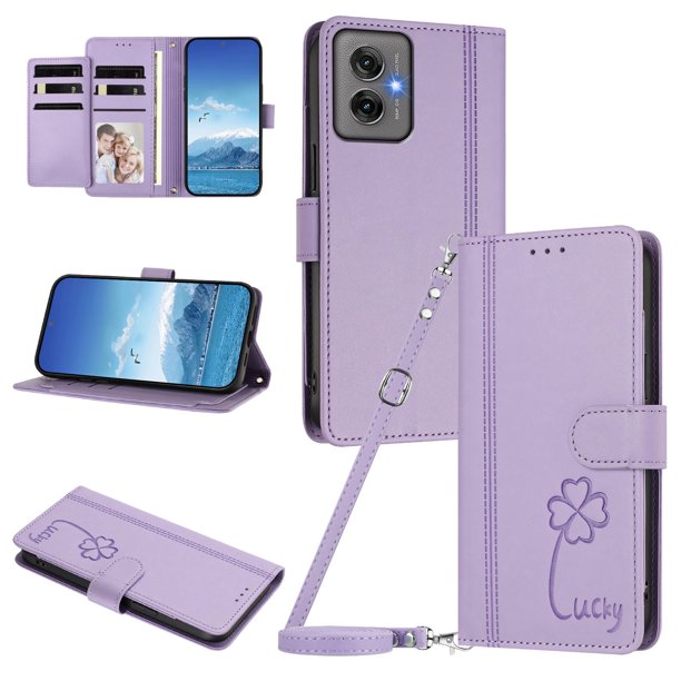 Funda Cartera Trébol para Motorola Moto G55 5G con Ranuras Tarjetas y Carga Inalámbrica Morado claro