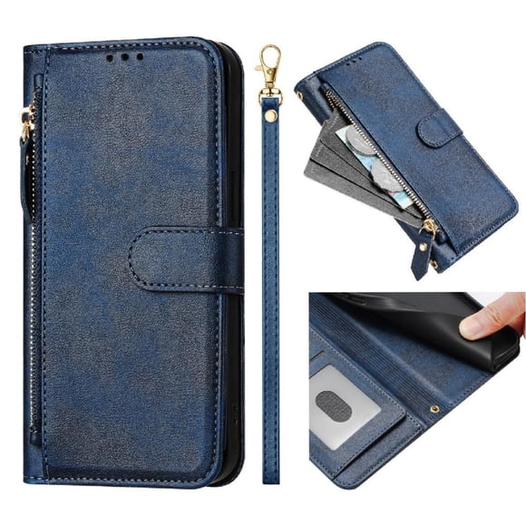 Funda Tipo Billetera para Oukitel C57s con Cremallera Portatarjetas Soporte Correa de Muñeca Cuero Azul