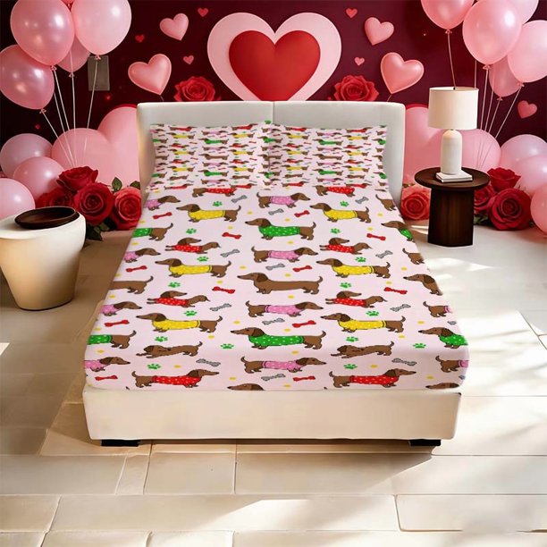 Cartoon Dachshund Illustration Printed Fitted Sheet Set Microfiber Soft and Breathable Deep Pocket with Anti-Slip Grip to Prevent Shifting Suitable for All Seas