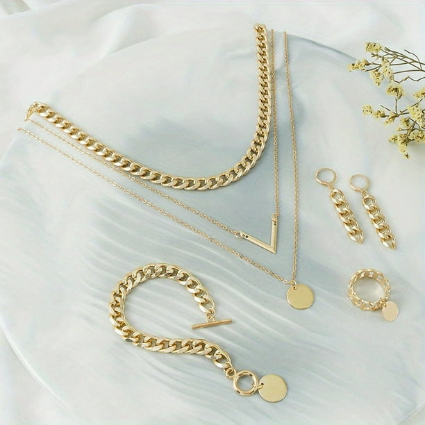 5pcs Necklace Bracelet Earrings Plus Ring Hip Hop Style Jewelry Set 14k Gold Plated Trendy V Shape Pendant And Chain Design Golden Or Silvery Make Your Call
