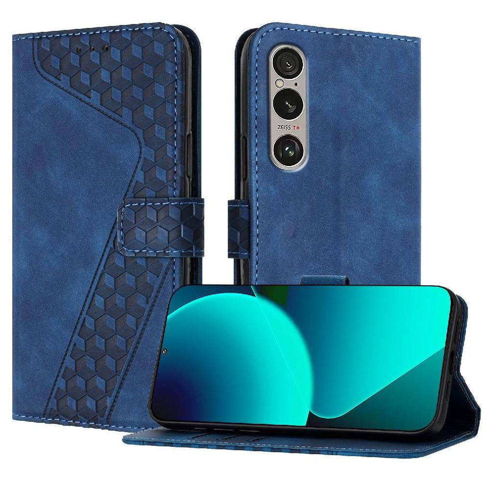 Foxdock - Funda Tipo Cartera Para Sony Xperia 1 Vi 2024 Con Tarjetero, Bolsillo Para Billetes, Soporte, Cierre Magnético Y Correa Para La Muñeca, Funda Tipo Folio Con Textura Geométrica Azul