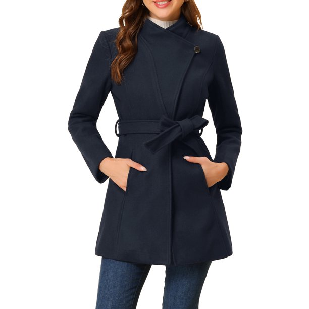 INSPIRE CHIC Abrigo Largo Clásico de Mujer con Cuello Alto, Manga Larga, Cinturón de Invierno, Talla L, Azul Oscuro