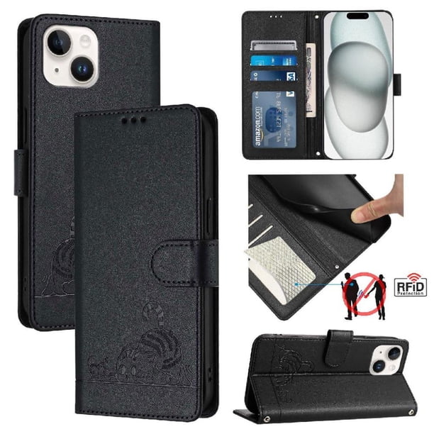 Funda tipo cartera FOXDOCK para iPhone 14 Plus con soporte, ranuras, RFID, diseño de gato
