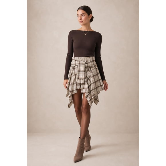 Falda Asimetrica Cuadrillé Para Mujer Estilo Casual Fiesta cafe Talla Única