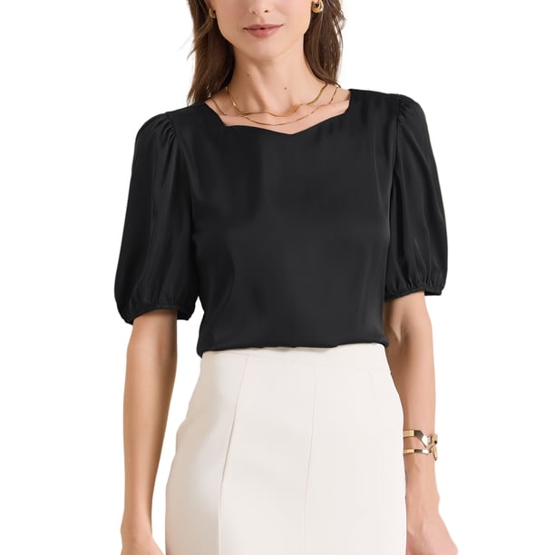 INSPIRE CHIC Blusa de Satén de Manga Corta con Escote Corazón para Mujer, Talla S, Negro