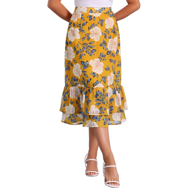 INSPIRE CHIC Faldas de Chifón para Mujer Cintura Elástica Volantes en Capas Faldas Midi Florales Amarillo Oscuro-Floral XL
