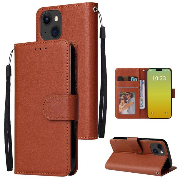 Funda Cartera para iPhone 15 con Tarjetero, Soporte y Cordón - Protección Marrón