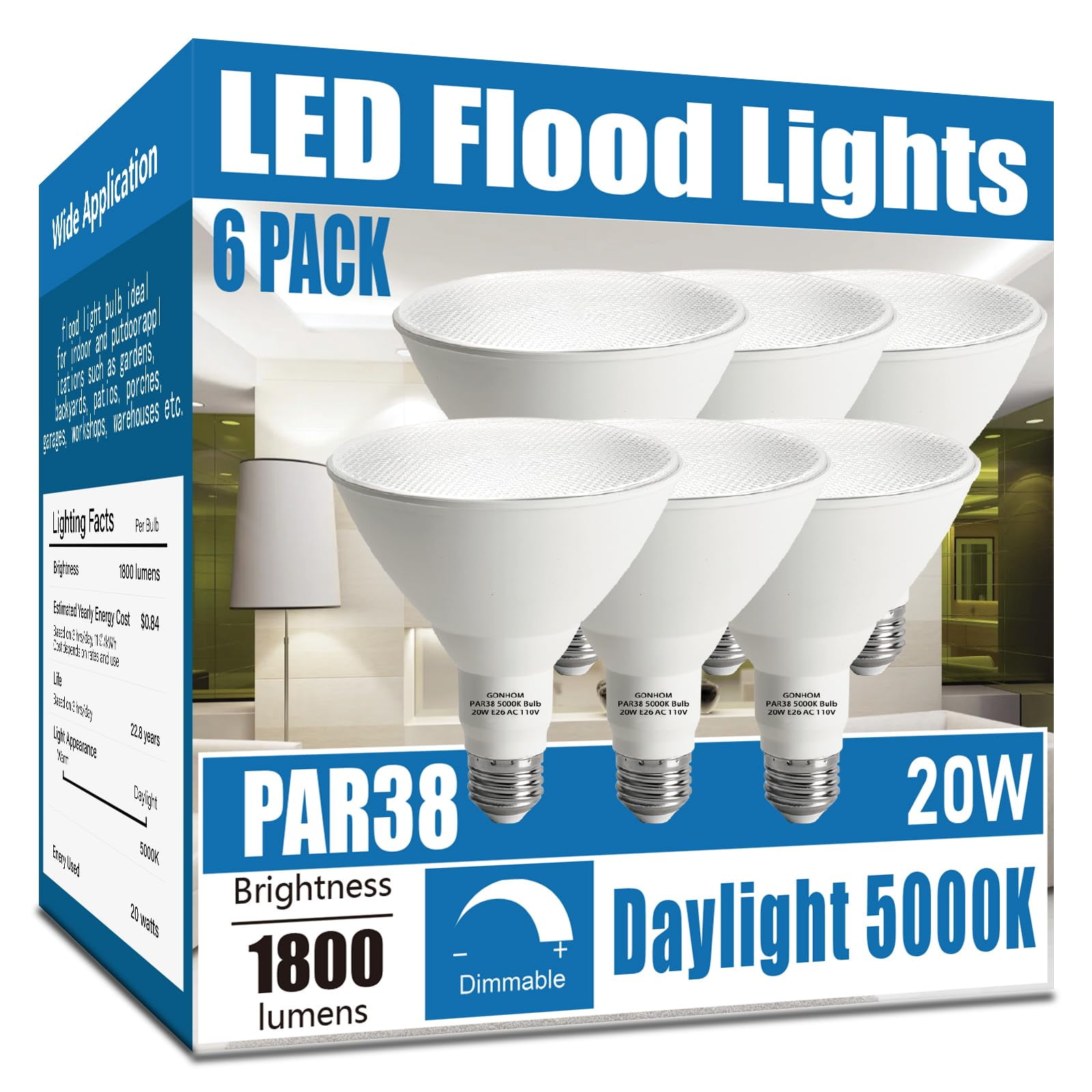 Bombillas Led Gonhom Par38, 20 W, 5000 K, Regulables, Paquete De 6