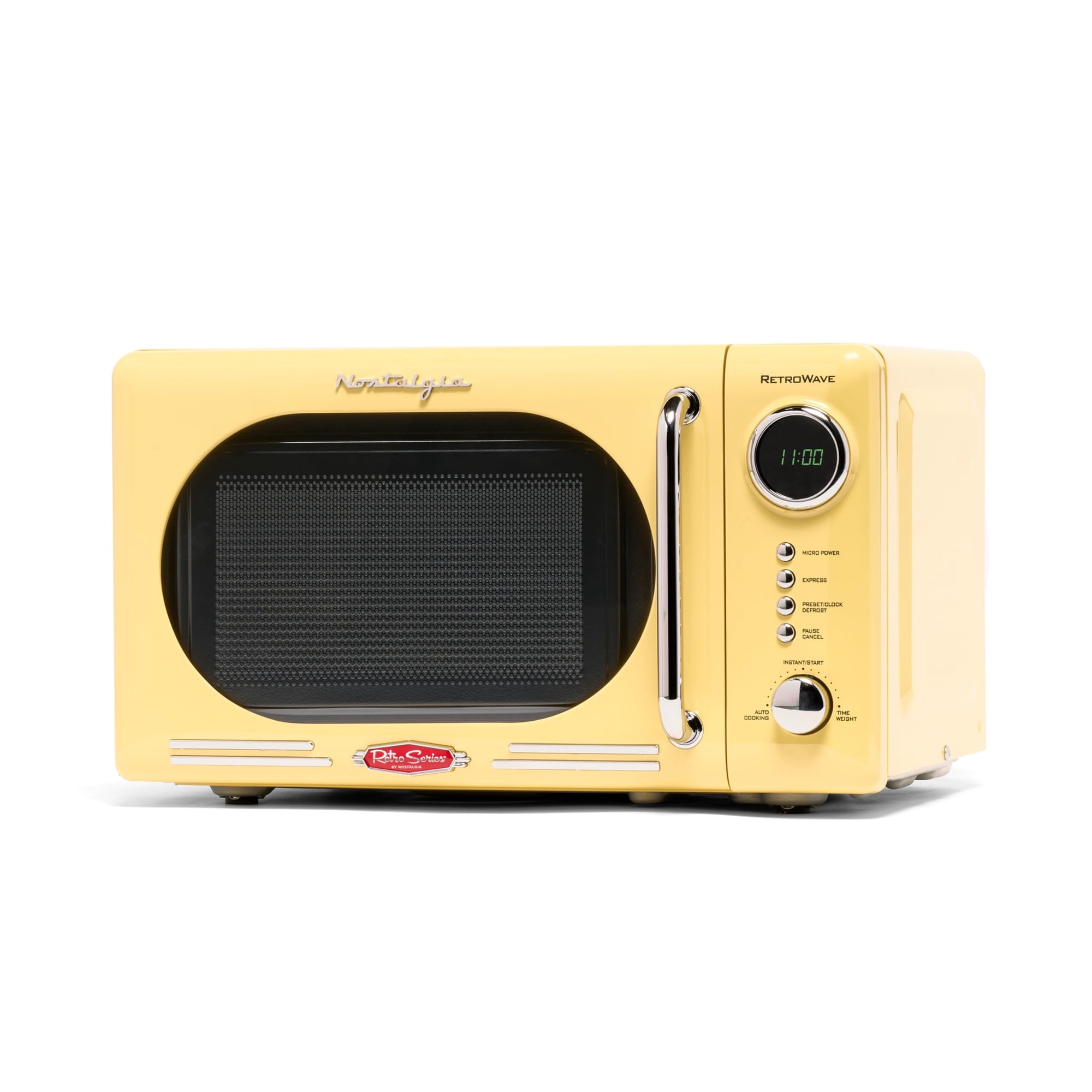 Nostalgia Nrmo7yw6a Horno De Microondas Retro Compacto Para Encimera, 0.7 Cu. 700 Vatios Con Visualización Digital Led, Cerradura Para Niños, Interior Fácil De Limpiar, Amarillo