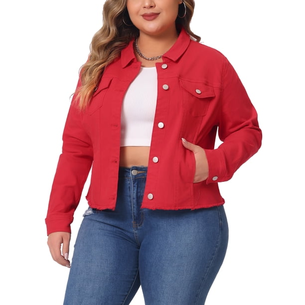 Chaquetas de Mezclilla Lavadas con Bolsillos y Cuello Vuelto de Manga Larga para Mujer de Talla Grande de Agnes Orinda para Escuela y Universidad 1X Rojo