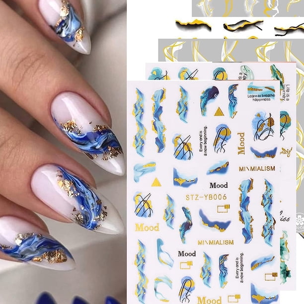 12 Sheets,Marble Wave French Nail Art Stickers,Golden Strip Nail Art Decals Nail Art Design Self Adhesive Nail Supplies,Marable Wave Nail Stickers For Women Manicure Decoration