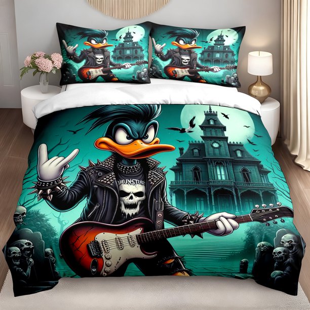 3pcs Bedding set Bedding Set | Punk Rock Duck Guitarist Haunted House Print Gothic Cartoon Comforter Cover