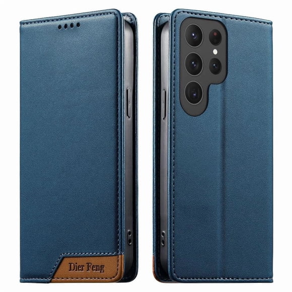 Funda Tipo Cartera de Cuero Sintético para Samsung Galaxy S23 Ultra Bloqueo RFID, con Ranuras para Tarjetas y Bolsillo para Efectivo, Cierre Magnético Fuerte Azul