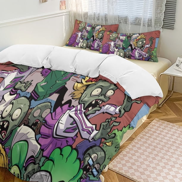 Plants Vs Zombies Quilt Set Thicken Soft 3 Pieces Bedding Set All Season Duvet Cove with 2 Pillowcases for Adult Women Girls Teens Home Room Decor