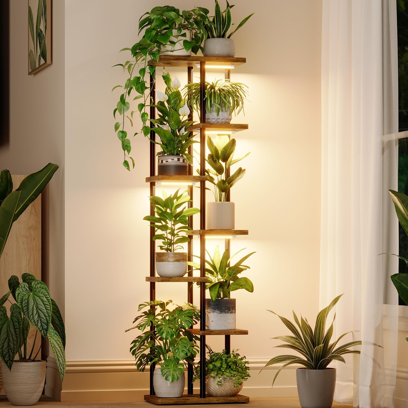 Soporte Para Plantas Con Luz De Cultivo Bamworld, 7 Niveles, Metal, Madera