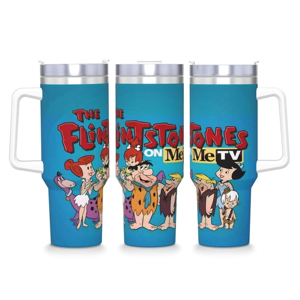 Los Picapiedra Vaso aislado de acero inoxidable con asa, diseño temático, regalo para familia, amigos y fans; incluye pajita y encaja en el portavasos estándar, 40 oz