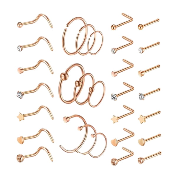 30x Anillos De Nariz De Moda Set 20G Cristal En Forma De L Estilos De Mezcla Aros De Nariz De Oro Rosa