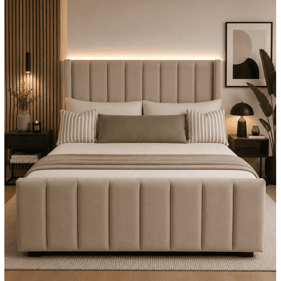 Cama Dividida 2 Plazas con Doble Respaldo Lineal Beige – Estilo Europeo