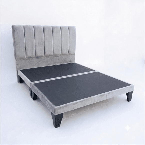 Cama europea 2 plazas de 150x190 con respaldo de rayas Gris claro y bases divididas