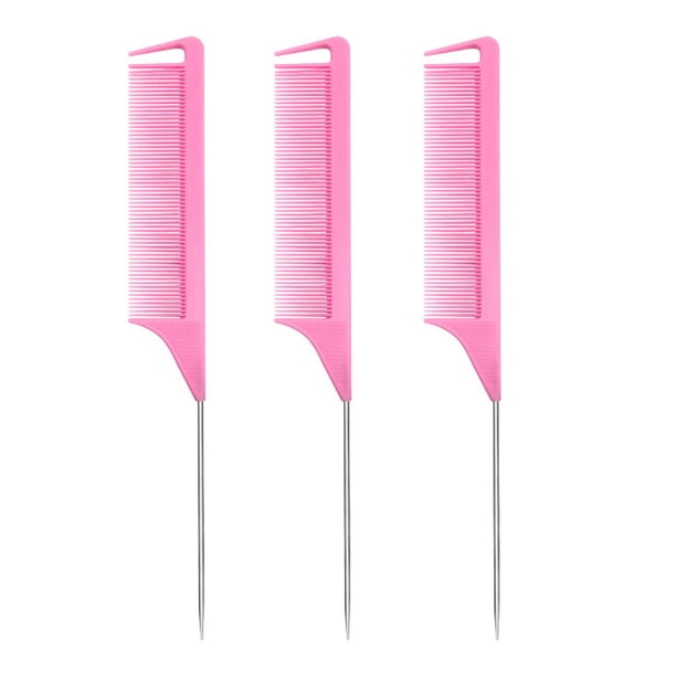 Peines de cola de rata: Juego de 3 peines de cola de rata, peine de acero largo para cardar, peines para peluquería, peines de cola de metal, peines de raya para mujeres.
