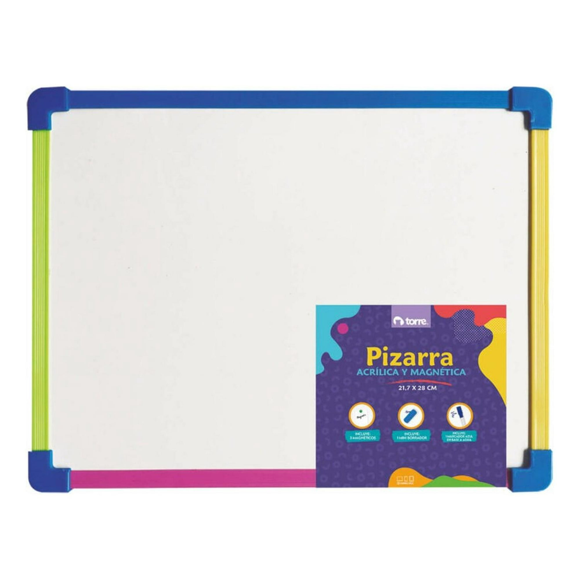 Pizarra Acrilica Magnetica Borde De Colores 21,7x28cm. Torre Blanco